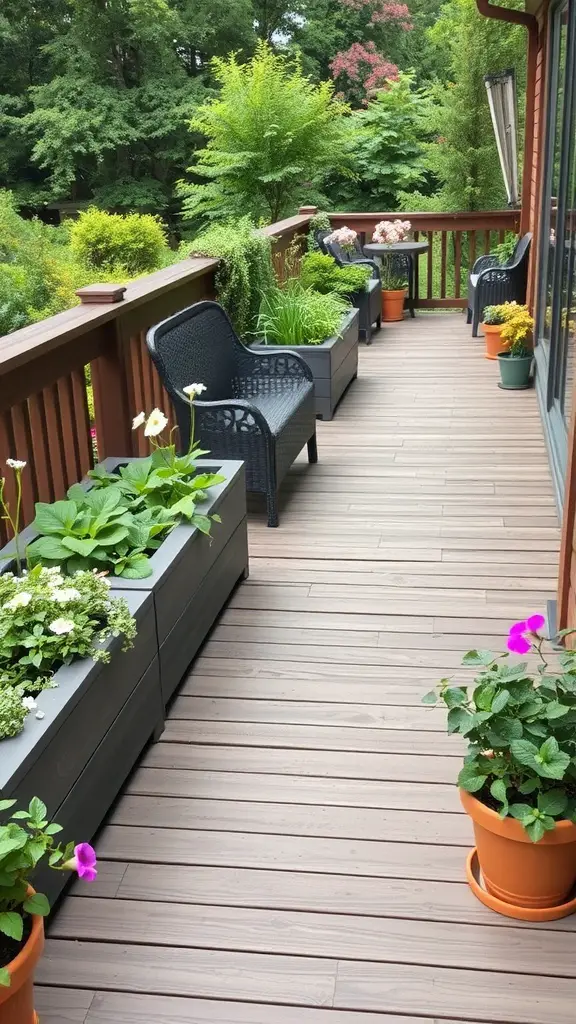 15 Creative Garden Decking Ideas for Your Outdoor Space 9 A deck with integrated planters filled with various plants, alongside comfortable seating.