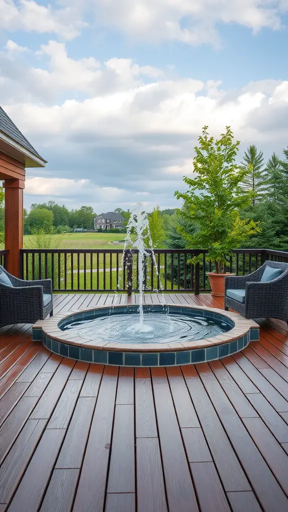 21 Unique Deck Layout Ideas You’ll Love 16 Deck featuring a hot tub with a fountain and comfortable seating, surrounded by greenery.