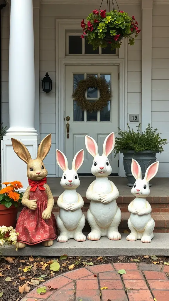 Decorative bunny statues on a front porch with flowers and a wreath