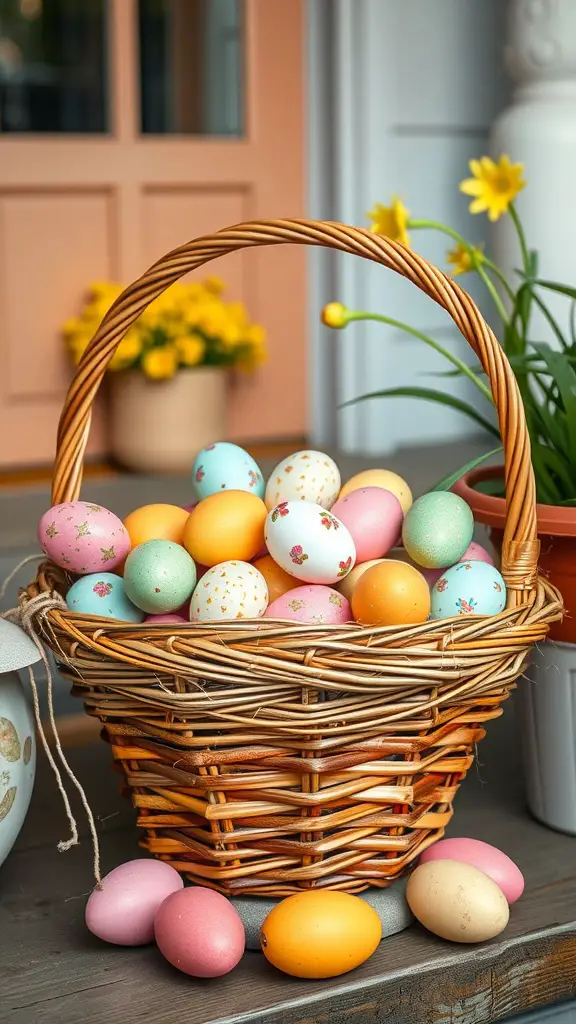 A wicker basket filled with colorful Easter eggs placed on a porch