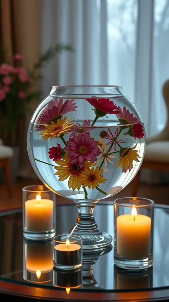 A decorative fishbowl vase filled with colorful flowers and surrounded by candles.