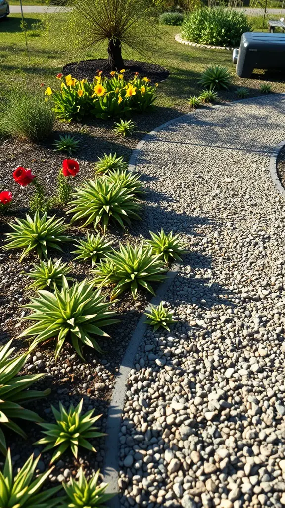 A decorative gravel path bordered by low-growing plants and colorful flowers.