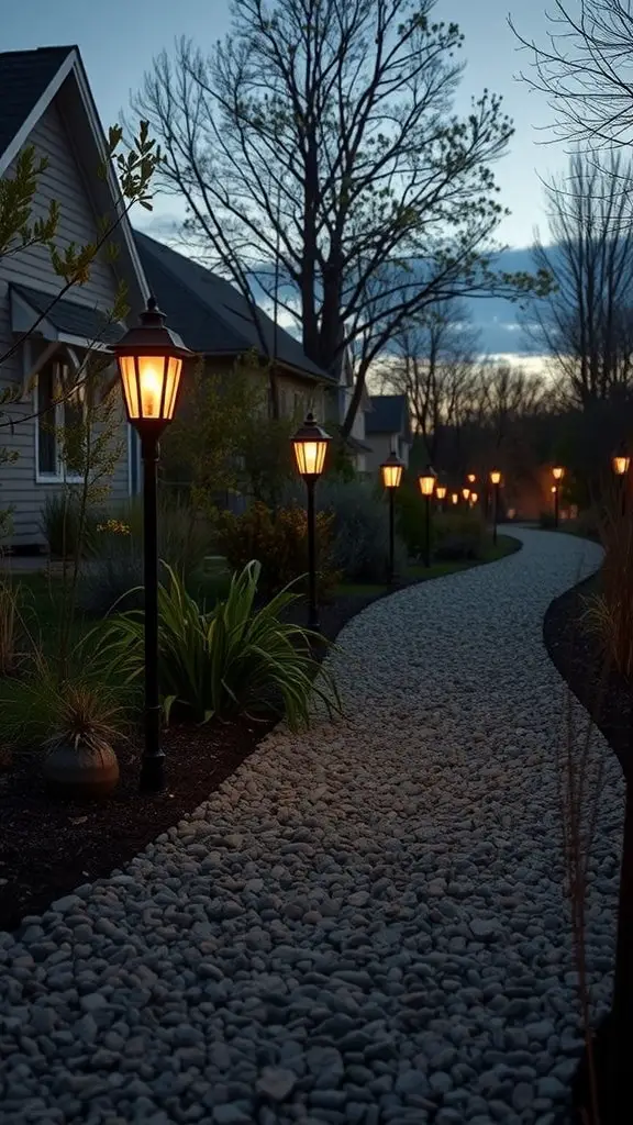 27 Stunning Stone Pathway Ideas for Your Garden Walkways 15 A winding gravel pathway illuminated by lanterns, surrounded by trees and homes.