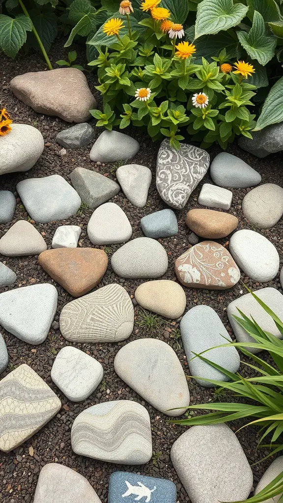 A collection of decorative hypertufa stones in various shapes and sizes, surrounded by colorful flowers in a garden.