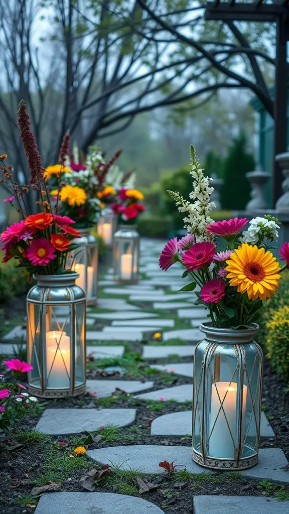 A pathway lined with decorative lantern vases holding colorful flowers and candles.