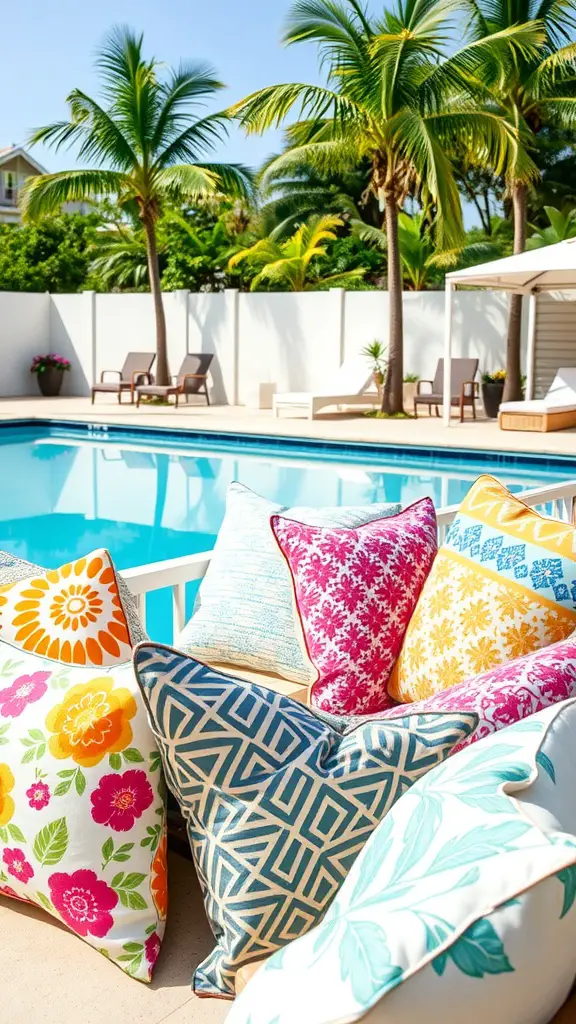 Colorful decorative outdoor pillows arranged by a pool surrounded by palm trees.