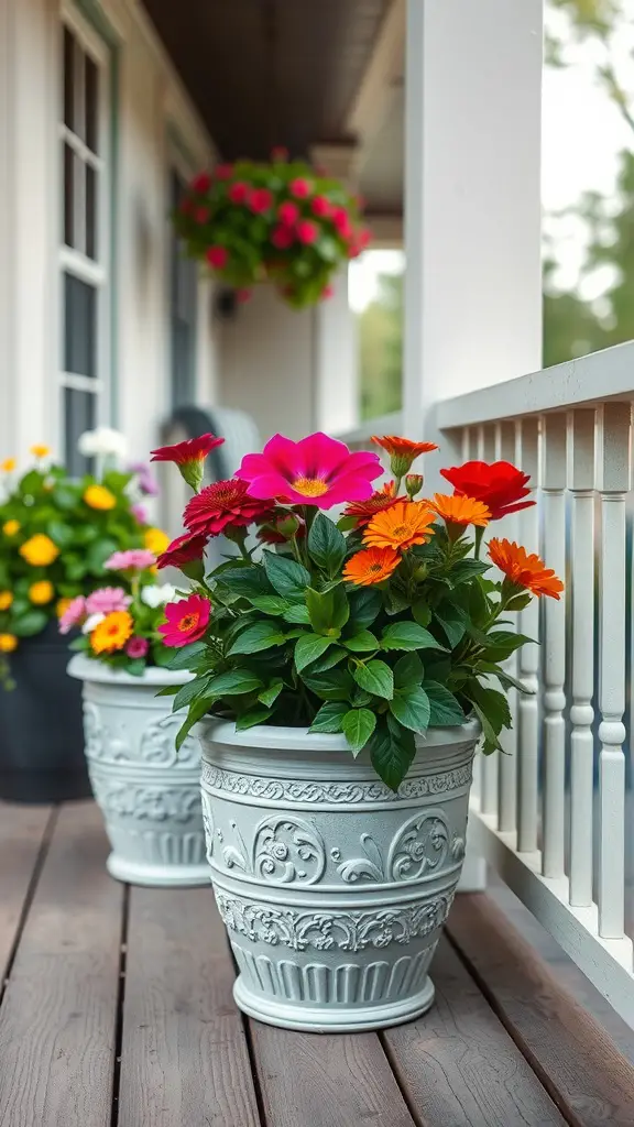 25 Stunning Deck Furniture Ideas for Your Outdoor Oasis 14 Decorative planters with vibrant flowers on a deck