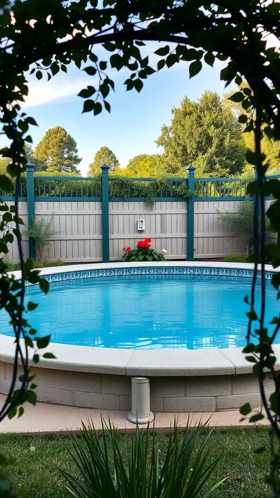 A beautiful above ground pool surrounded by a decorative privacy fence and lush greenery.