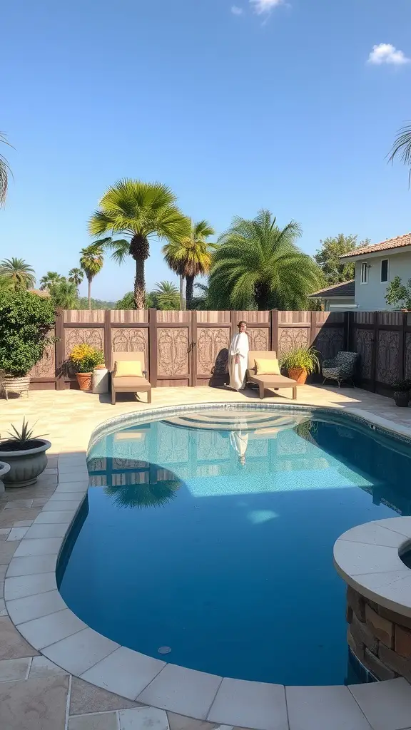 A decorative privacy screen on a pool deck surrounded by palm trees and plants.