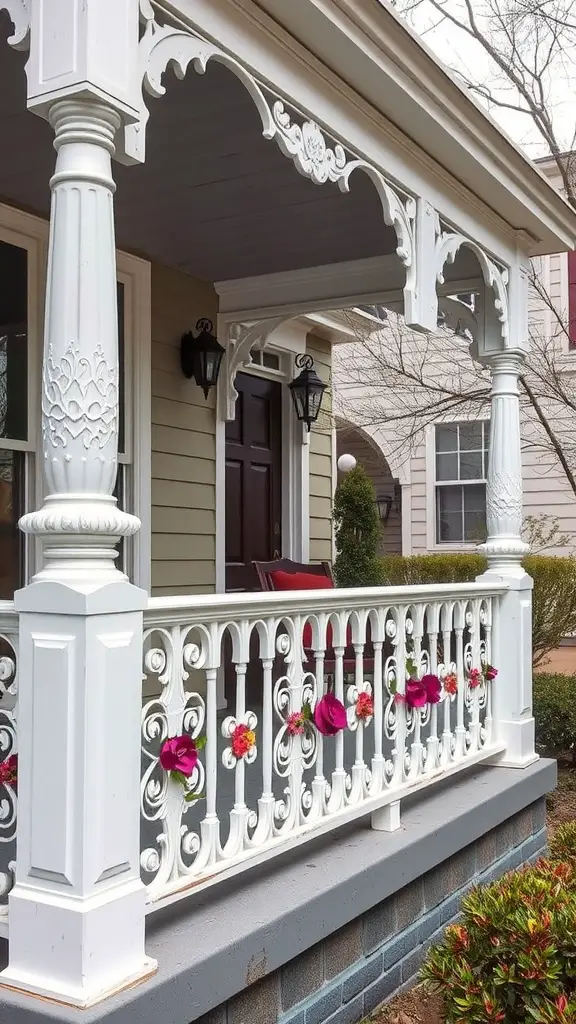 19 Stunning Front Porch Inspiration Ideas for Your Home 11 Decorative white railings on a porch with floral accents