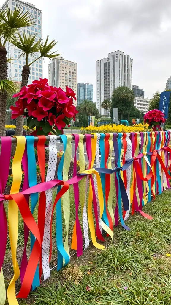 27 Affordable DIY Fence Ideas to Transform Your Yard 11 A colorful decorative ribbon fence with flowers in a park setting