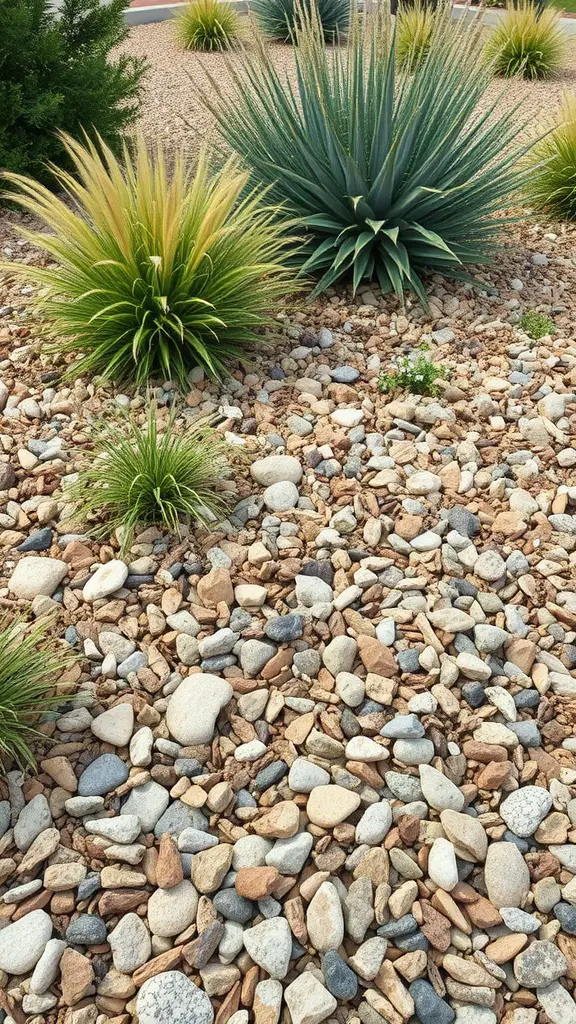 A landscape featuring decorative stone mulch with various plants growing among the stones.