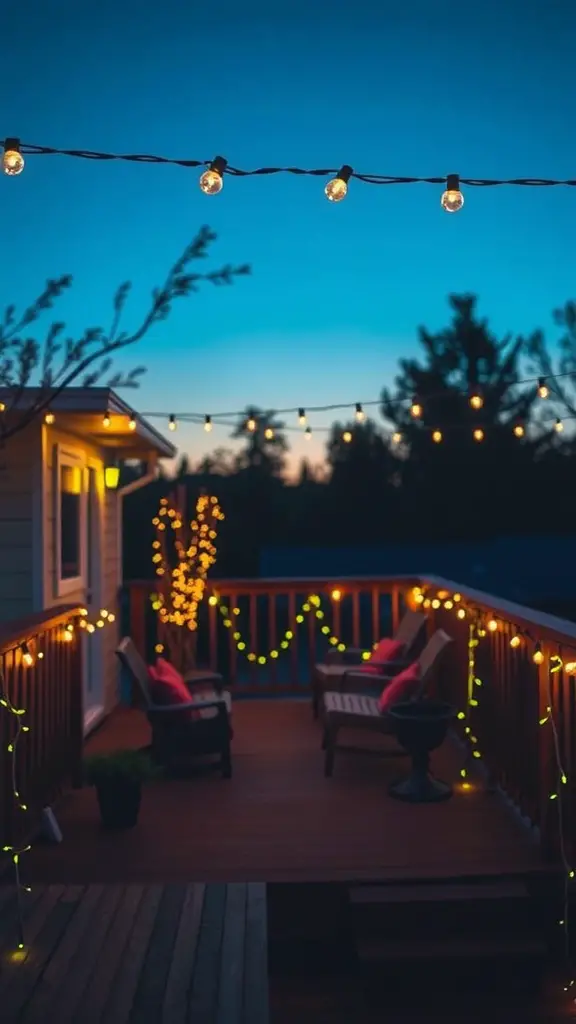 21 Inspiring Small Deck Ideas to Maximize Your Outdoor Space 5 A small deck beautifully decorated with string lights, creating a cozy ambiance during twilight.