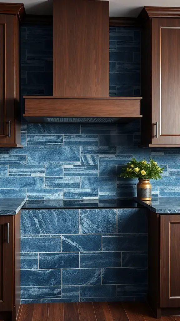 Deep blue stone backsplash with dark kitchen cabinets and a small potted plant.