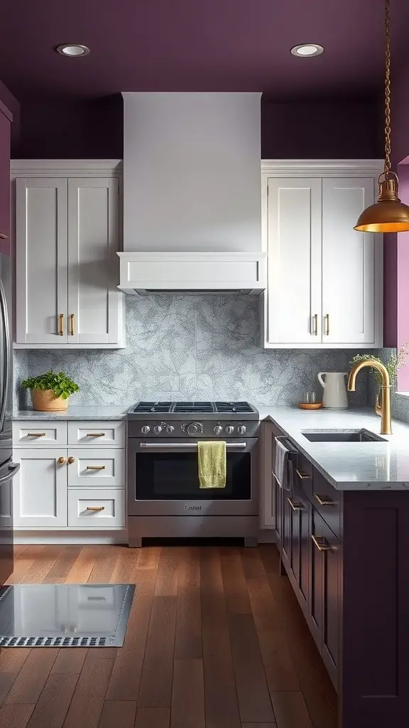 A kitchen featuring deep plum walls, white cabinetry, stainless steel appliances, and warm wood flooring.