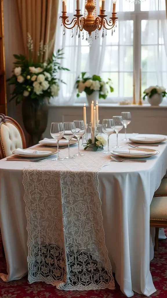 A dining table set with a delicate lace table runner, elegant glassware, and floral arrangements.