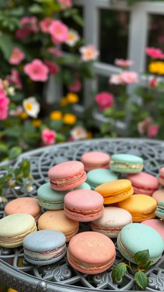 Colorful macarons arranged on a decorative tray with flowers in the background.