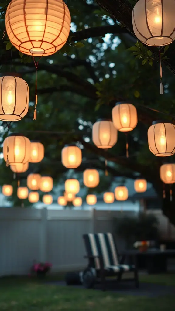 A beautiful display of delicate paper lanterns hanging from tree branches, illuminating the outdoor space with a warm glow.