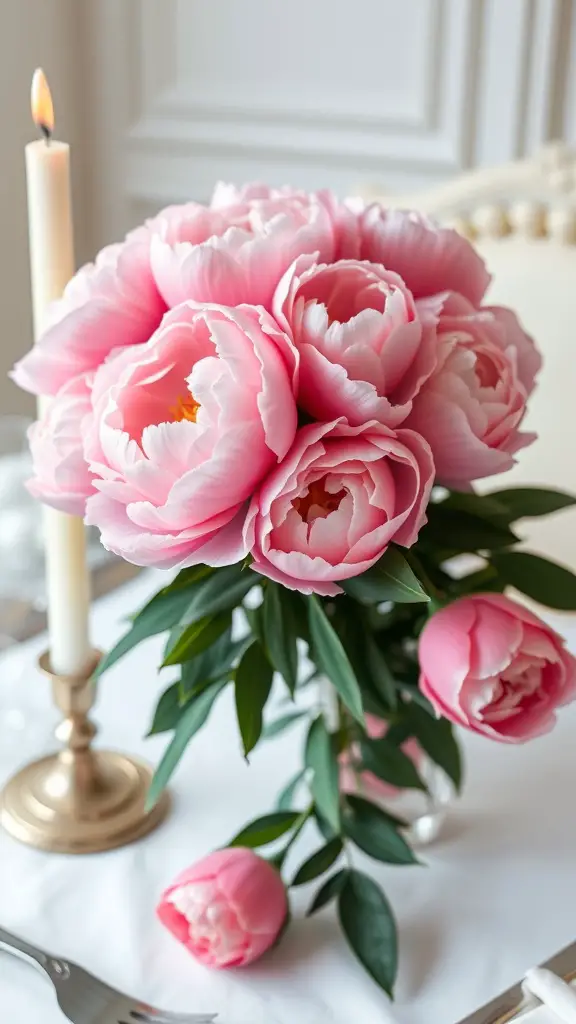 33 Stunning Summer Wedding Flower Ideas You’ll Love 8 A bouquet of pink peonies with a candle on a dining table.