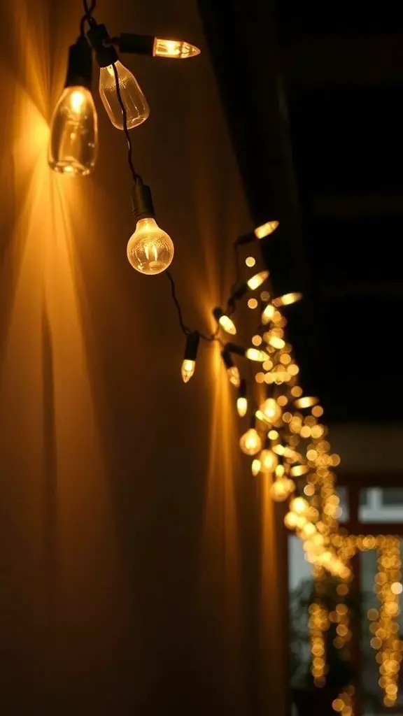 A close-up of warm string lights glowing against a wall.