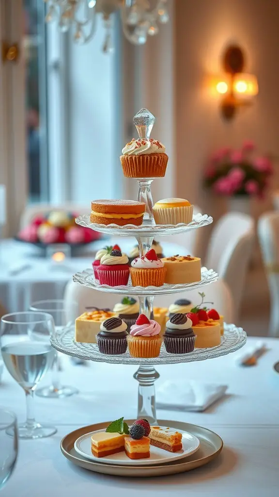 A beautiful tiered dessert display featuring cupcakes, cheesecakes, and layered cake slices, elegantly arranged for Mother's Day dinner.