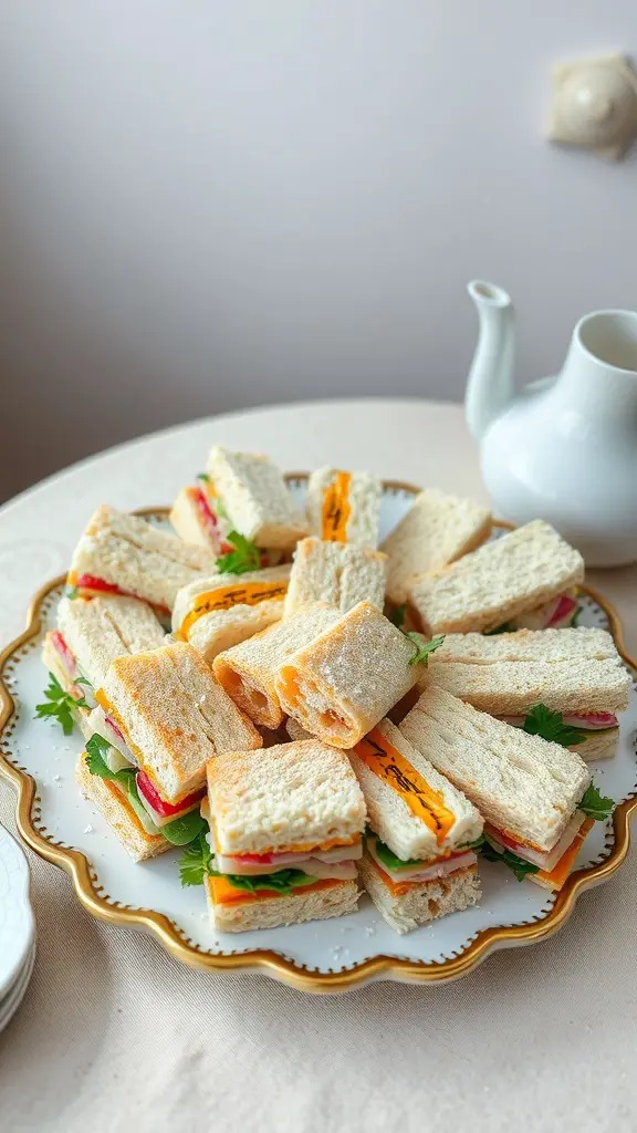 A platter of assorted finger sandwiches on a decorative plate, perfect for a garden tea party.