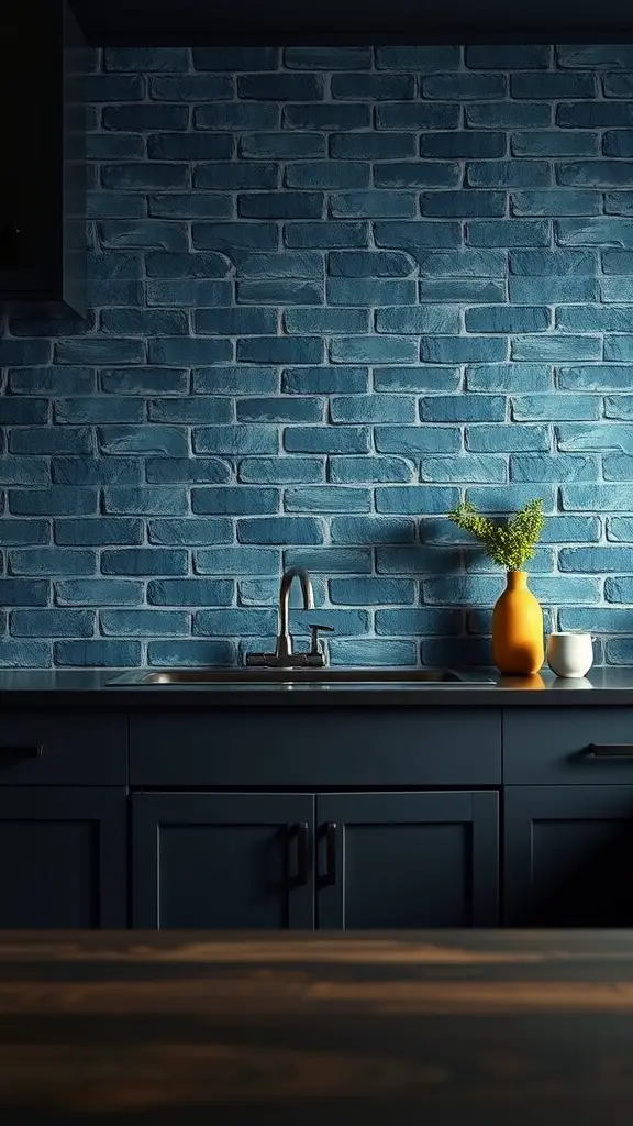 A denim blue painted brick backsplash behind dark kitchen cabinets with a sink and decorative items.