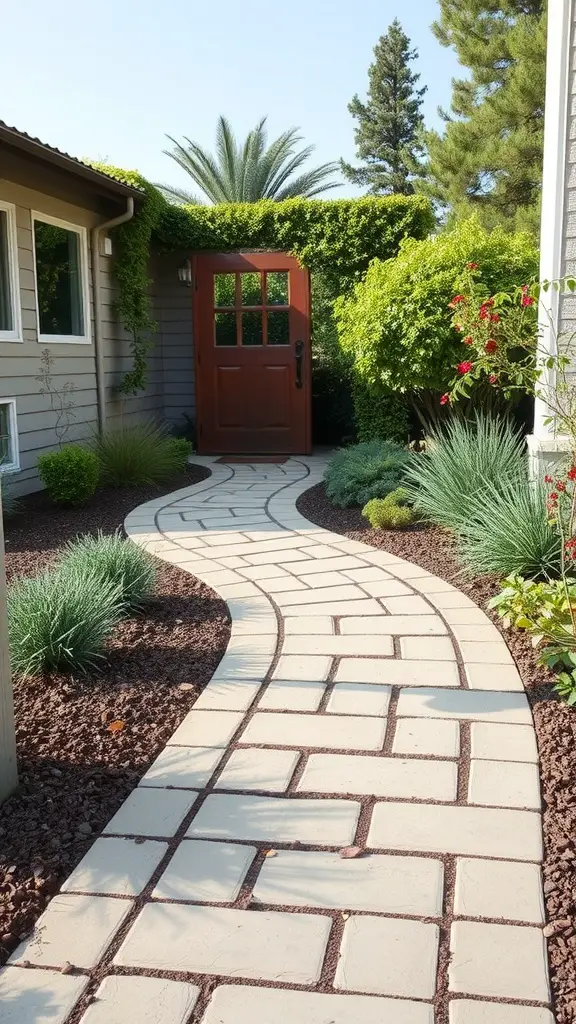 Diagonal flagstone walkway leading to a wooden door surrounded by greenery