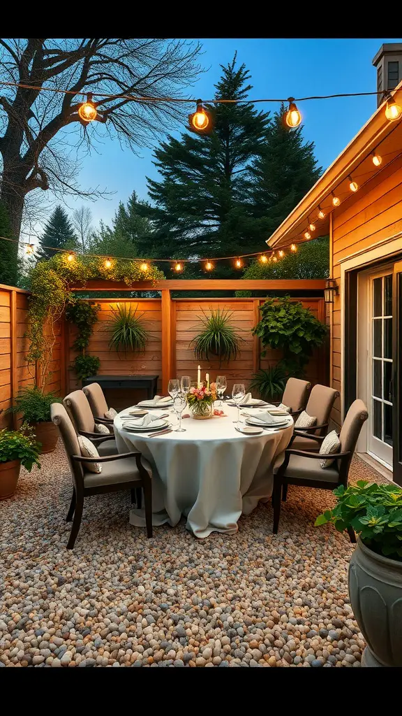 15 Creative Pea Gravel Patio Ideas for Your Outdoor Space 4 Outdoor dining area with a round table set under string lights on a pea gravel patio.