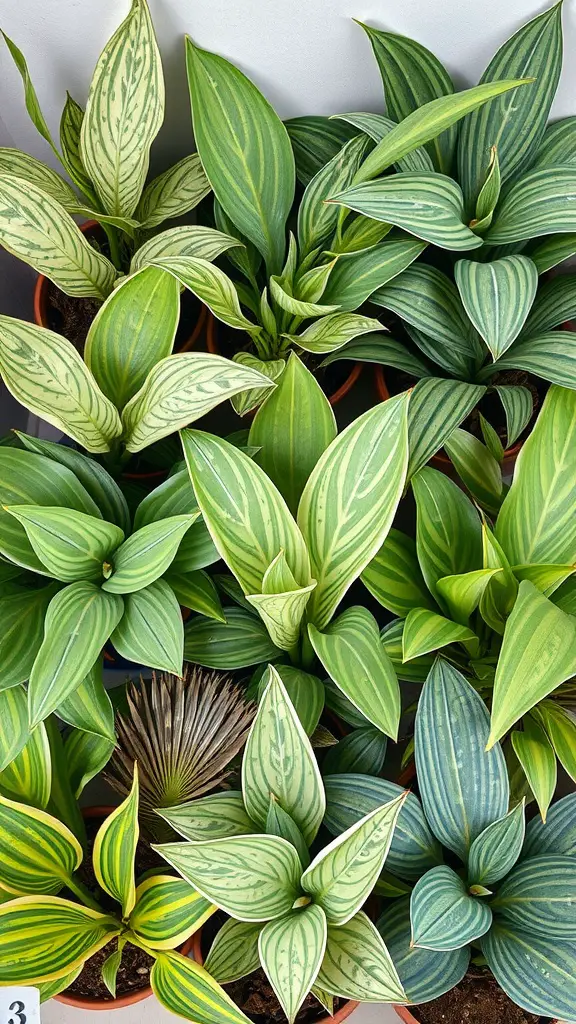 A collection of various Mother Tongue plants showcasing different leaf patterns and colors.