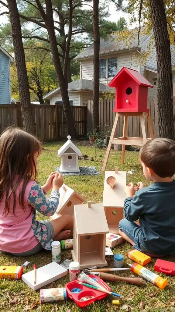 Two children painting DIY birdhouses in a backyard