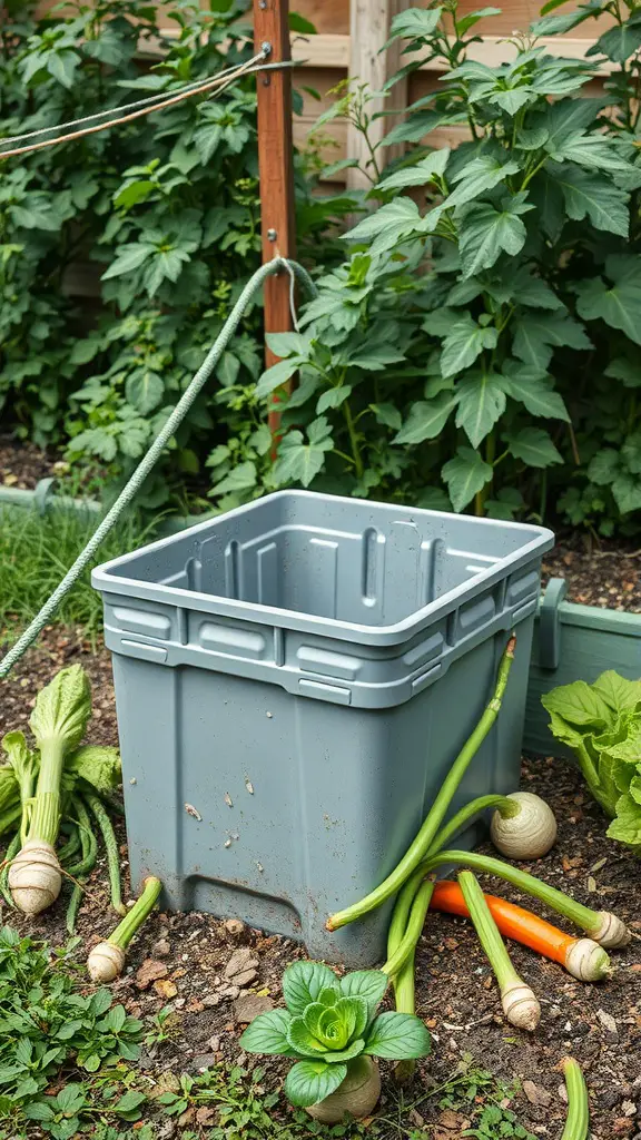 A grey compost bin in a garden surrounded by fresh vegetables