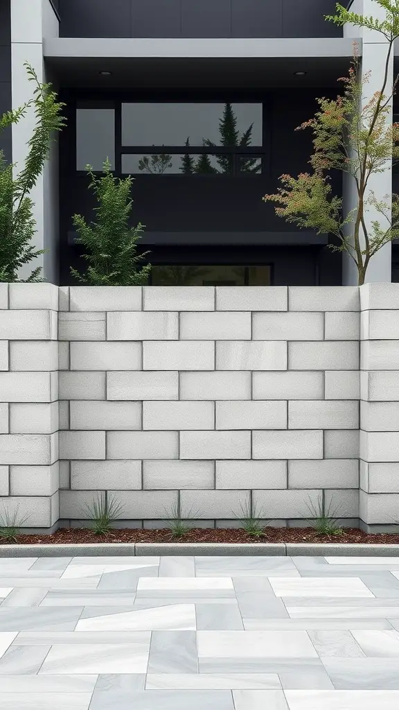 27 Affordable DIY Fence Ideas to Transform Your Yard 25 A modern concrete block fence in front of a contemporary house with greenery and a paved area.