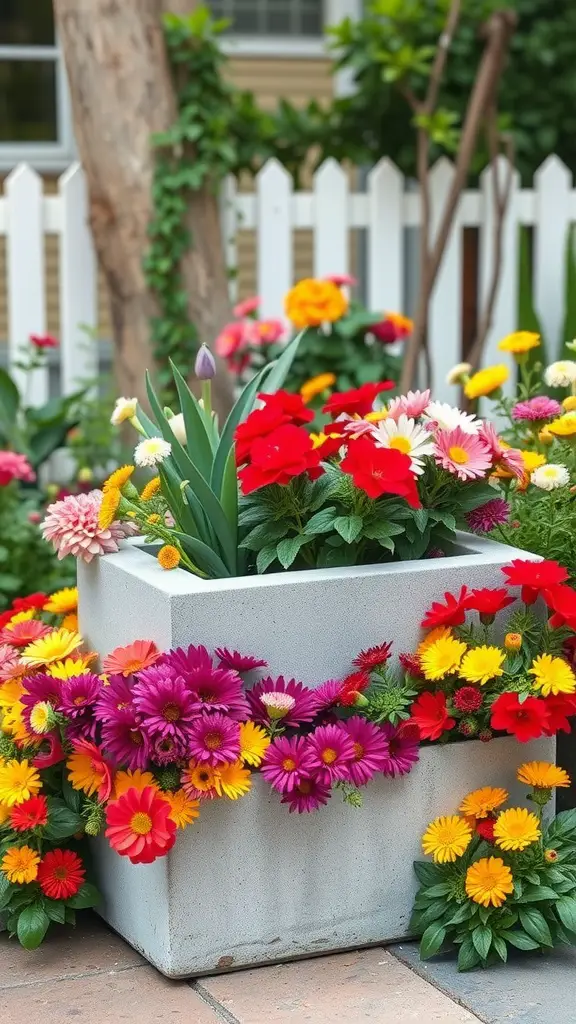 23 Stunning Planter Box Flower Combinations for Your Garden 5 A concrete planter box filled with colorful flowers, including red, yellow, and purple blooms, surrounded by more garden flowers and greenery.
