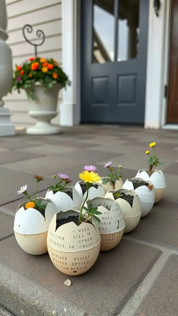 A row of DIY Easter egg planters filled with colorful flowers, placed on a porch.