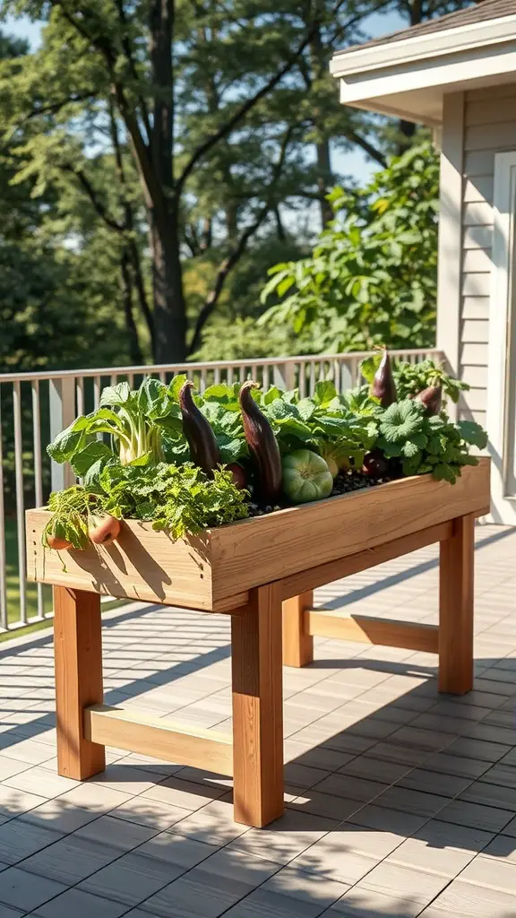 15 Creative DIY Deck Planter Ideas to Enhance Your Outdoor Space 16 A wooden elevated planter table filled with various vegetables and herbs on a sunny deck.