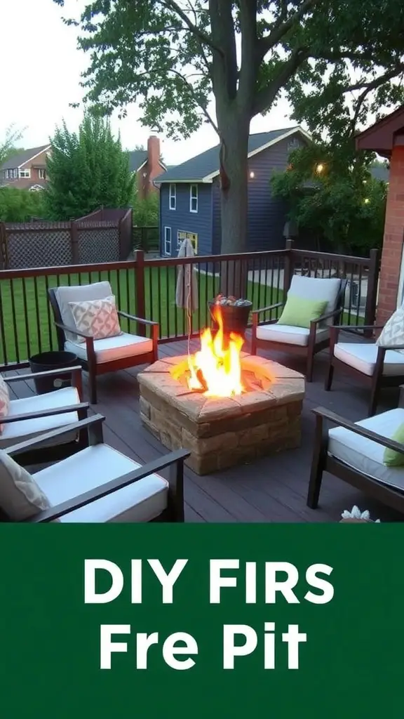 19 Affordable DIY Deck Ideas to Transform Your Outdoor Space 16 A cozy DIY fire pit area on a deck surrounded by chairs, perfect for gatherings.