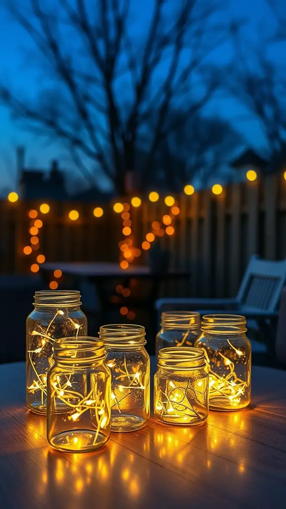 A collection of illuminated jars with fairy lights, creating a cozy outdoor ambiance.