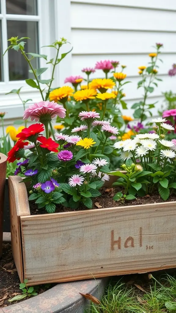 A wooden flower box filled with colorful flowers like daisies and violets, positioned near a home.