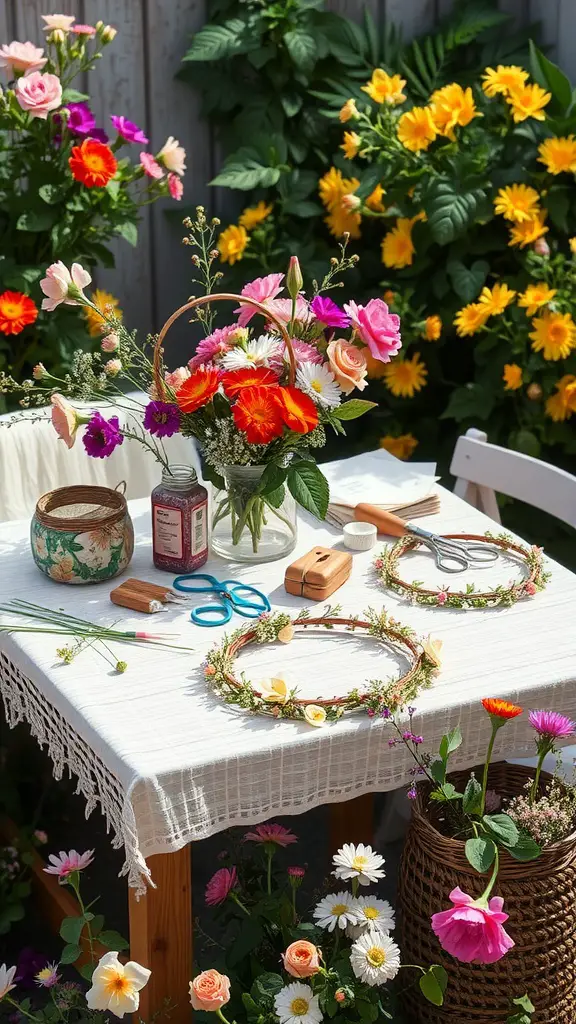 21 Creative Summer Baby Shower Ideas to Celebrate the Arrival of Baby 2 A DIY flower crown station with colorful flowers, scissors, and handmade crowns on a table.