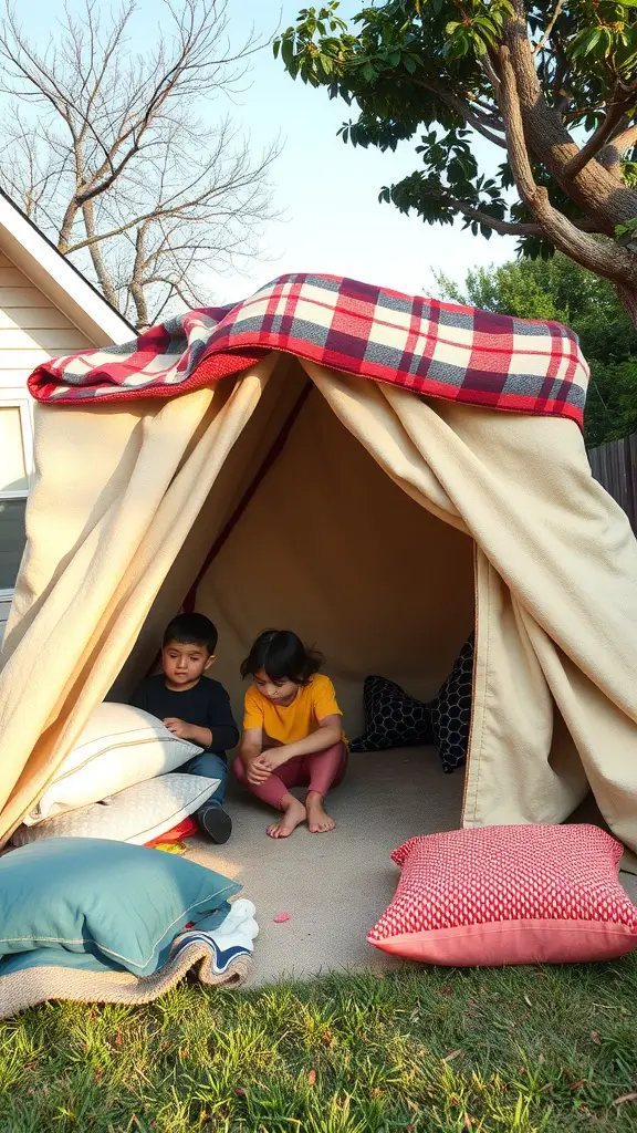 Two children inside a fabric fort made with pillows and blankets in a backyard setting.