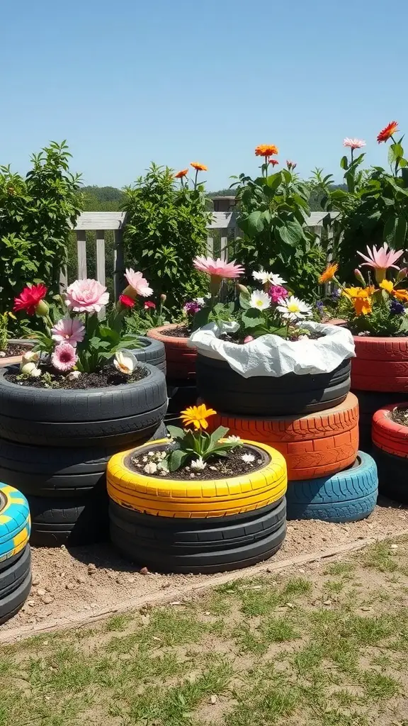 Colorful garden beds made from recycled tires filled with flowers