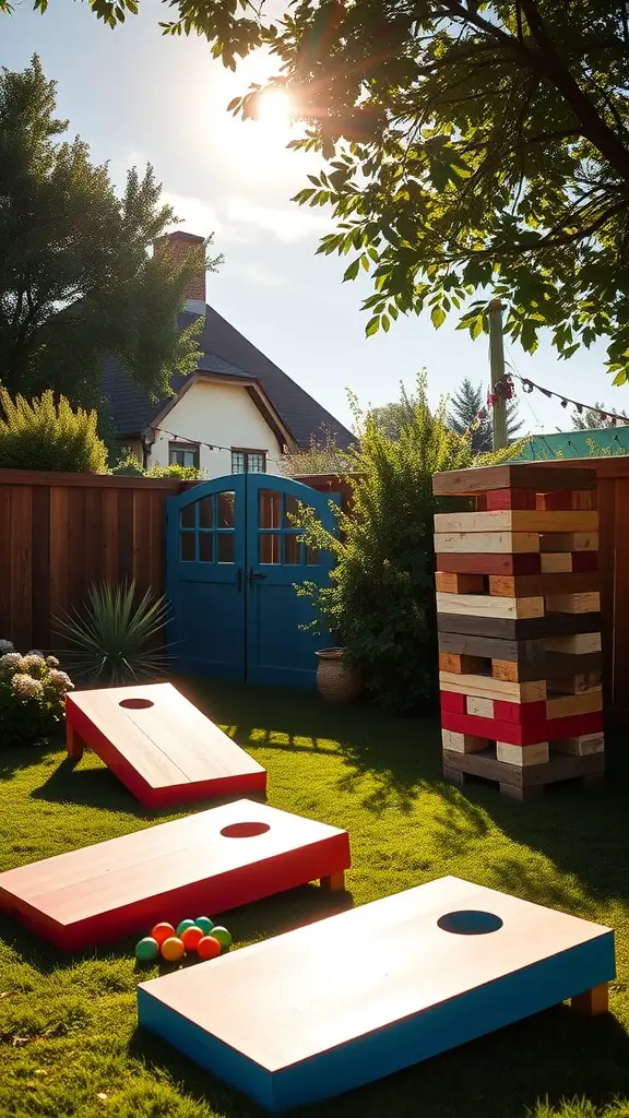 A vibrant DIY garden games station with cornhole boards and colorful balls set in a sunny backyard.