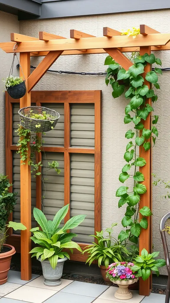 A wooden garden trellis with climbing plants, hanging baskets, and potted flowers.