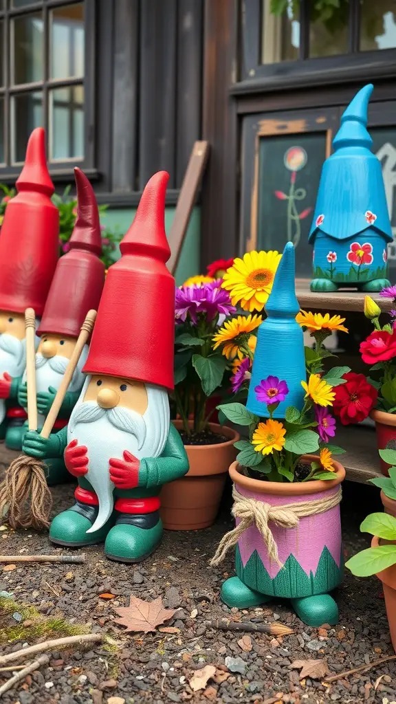 Colorful gnome flower pots with blooming flowers and gnome decorations