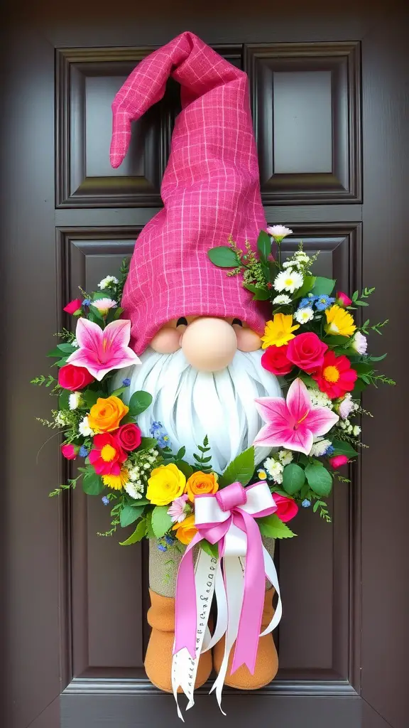 A colorful DIY gnome wreath featuring a gnome with a pink plaid hat and surrounded by flowers.