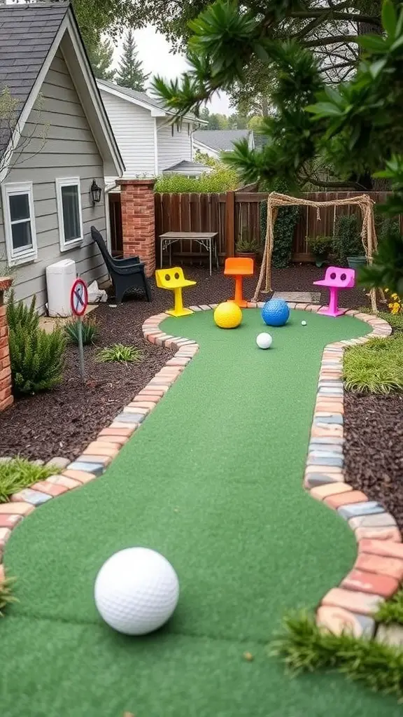 A backyard mini golf course with colorful chairs and large golf balls.