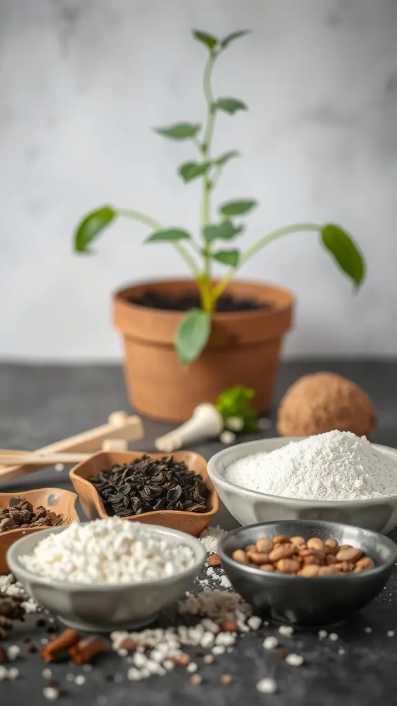 A healthy Mother Tongue plant in a terracotta pot with various natural fertilizer ingredients laid out around it.