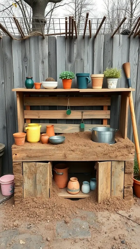 25 Creative Mud Kitchen Ideas for Kids to Inspire Imaginative Play 11 A DIY mud kitchen made from recycled wooden pallets, decorated with colorful pots and utensils, surrounded by soft mud.