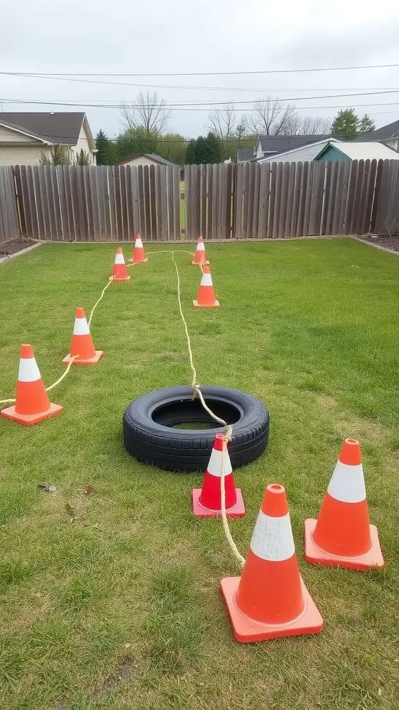 A backyard obstacle course featuring orange cones and a tire.